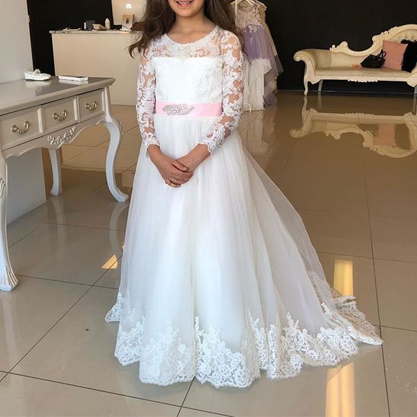 

2019 cute long sleeve lace flower girls dresses jewel neck button back pink sashes a line first communion dresses birthday party gowns, White;blue
