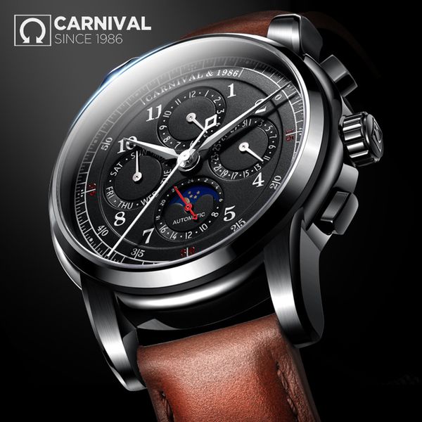 

2017 carnival complication automatic mechanical men watche rand luxury montre waterproof business casual relogio masculino, Slivery;brown