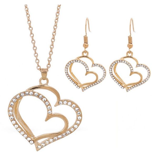 

bling necklace earring sets womens crystal rhinestone alloy gold plated heart pendant necklaces hook earring sets, Golden;silver