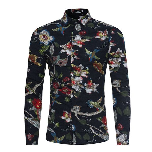 

2018 new mens long sleeve bird floral printed casual shirts holiday style shirts single breasted fashion urban clothing, White;black
