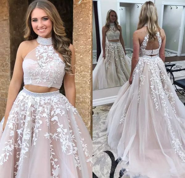 

custom two pieces lace long prom dresses 2019 with appliques halter neck sweep train formal evening party gowns, Black