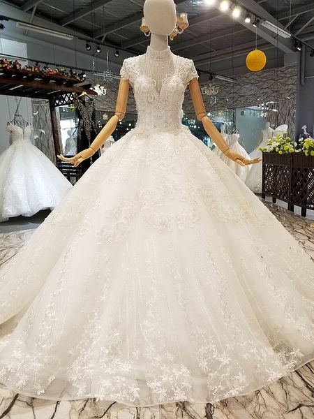 

sweep train wedding dress 2019 design special high neck short sleeves backless wedding gown like white on sale