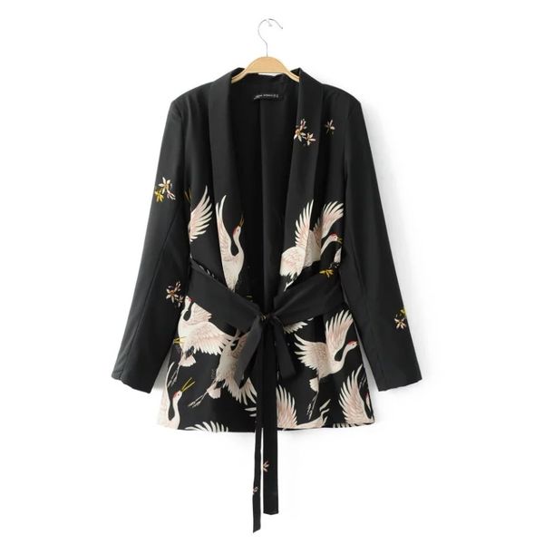 

Fashion Women Red Crowned Crane Printing Kimono Female Jacket Casual Long Sleeve Denim Coat Vintage Outerwear Belt Loose Tops