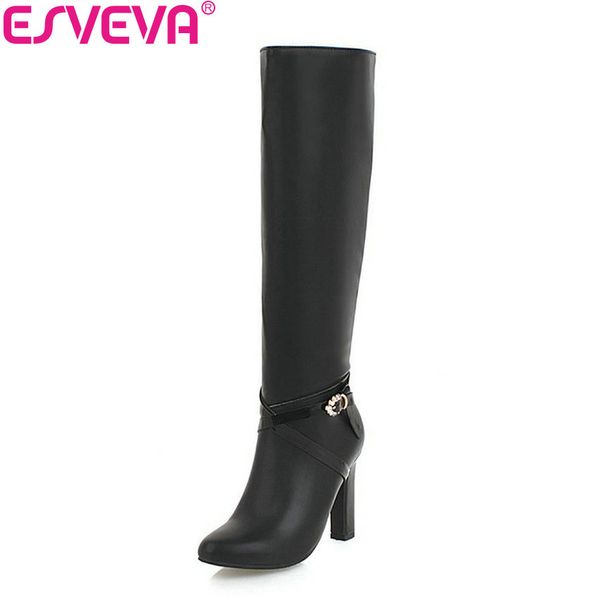 

esveva 2019 women shoes concise high heels pointed toe elegant winter boots knee high boots square heels autumn shoes size 34-43, Black
