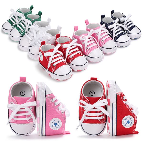 

Новый холст классические спортивные кроссовки новорожденных мальчиков девочек первые ходунки обувь младенческой малыша мягкой подошвой противоскользящие Детская обувь