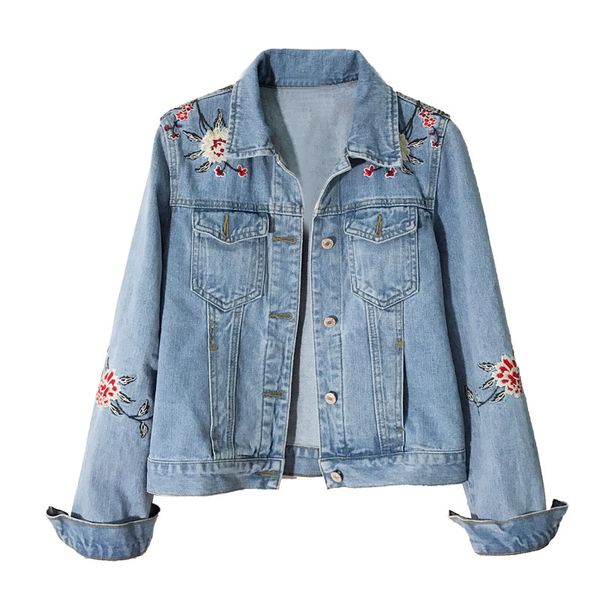 

women's jackets chic women autumn jean jacket flower embroidery design turn-down collar denim bluer, Black;brown