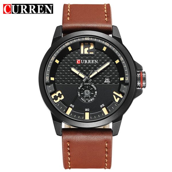 

curren brand new 2018 fashion casual quartz black wrist watch men leather relojes leather strap round quartz calendar 8253, Slivery;brown