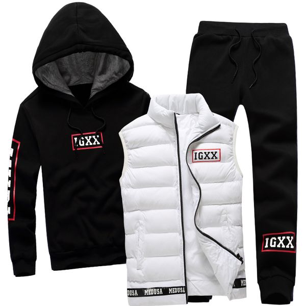

wholesale-men set 3 piece brand hoodie warm vest pants winter male zipper sportswear clothes sweatshirt coat hood tracksuit men sport suit, Black;blue