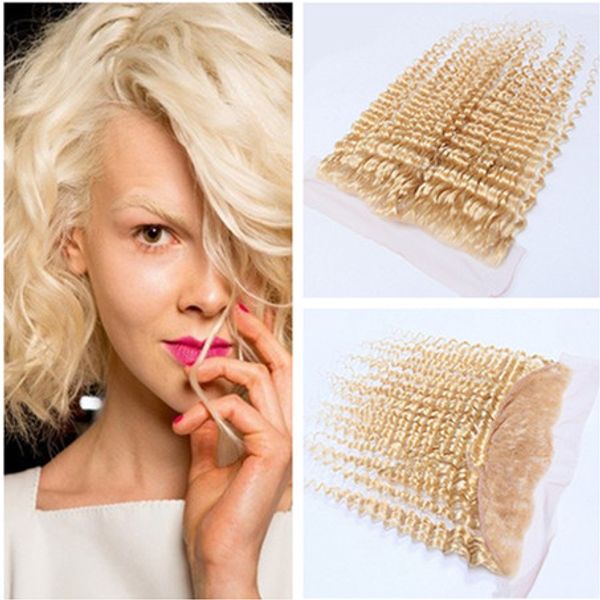 

#613 blonde virgin brazilian human hair full lace frontal bleached knots deep wave bleach blonde 13x4 ear to ear lace frontal closure, Black;brown
