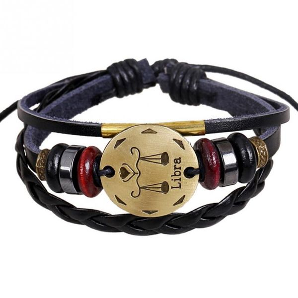 

men's constellation bracelets bead cowhide alloy libra pattern bracelet jewelry, Golden;silver