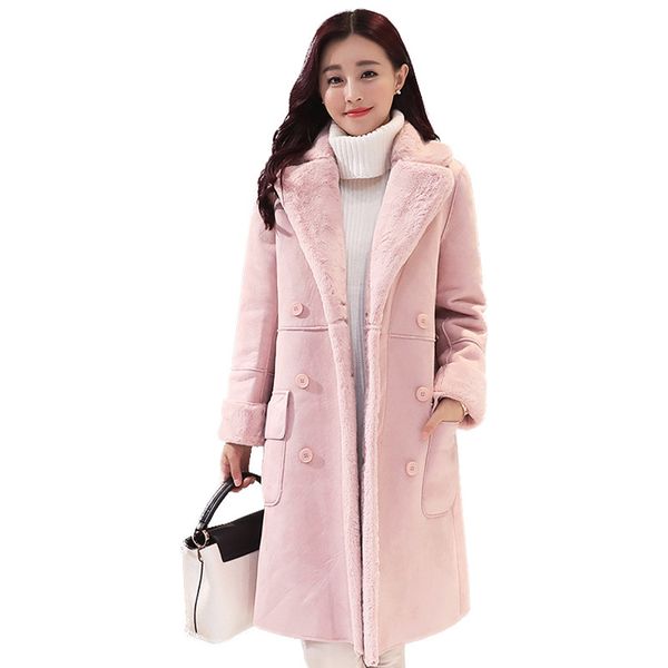 

winter thick fashion double-breasted suede jacket women medium-long parka coat casual slim female large size outerwear tt2987, Black