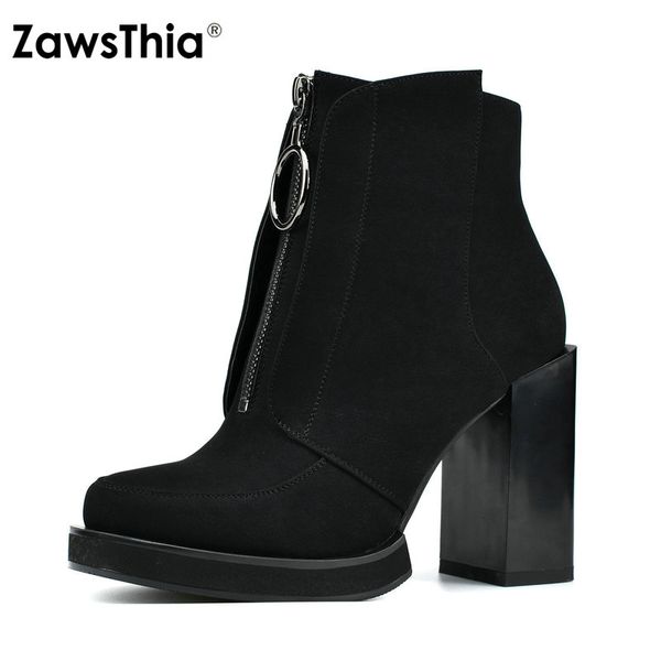 

zawsthia 2018 european fall winter block high heels woman boots fashion ladies shoes front zip platform ankle boots for women, Black