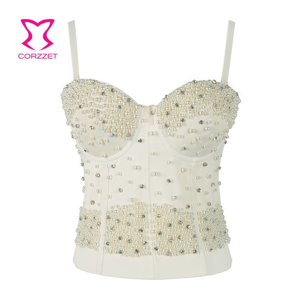 

corzzet white&black bustier pearls diamond push up night club bralette women's dance bra cropped vest camis plus size