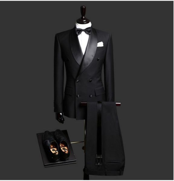 Hübscher Bräutigam-Smoking mit Schalkragen, zweireihig, schwarze Herrenanzüge für Hochzeit/Abschlussball/Abendessen, Blazer, Jacke, Hose, Krawatte