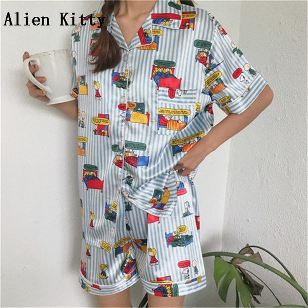 

alien kitty short sleeve student sleepwear female home clothing sweet cartoon print pajamas 2018 women turn-down collar shorts, Blue;gray