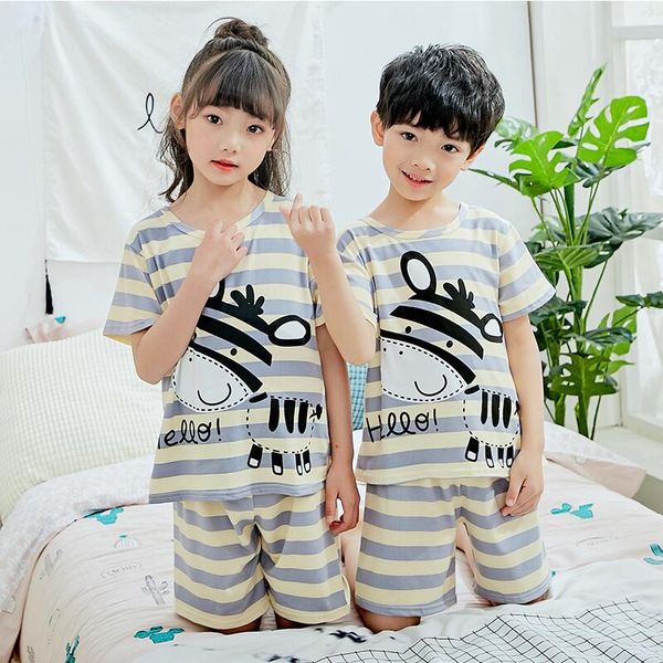 

boys girls home pajamas children simple clothes summer pyjama short sleeve pajamas for girl pijamas kids suit set sleepwear f530, Blue;red