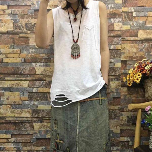 

bamboo fiber tees tanks t shirt sleeveless ripped holes for women summer fashion casual loose elegant white 80720