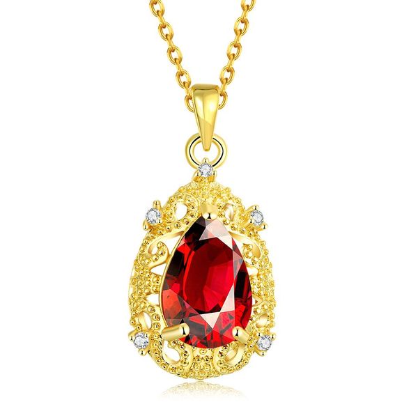 Ruby Teardrop Подвеска цепь 18K желтое золото заполнено женское кулон ожерелье мода ювелирные изделия красивый женский подарок