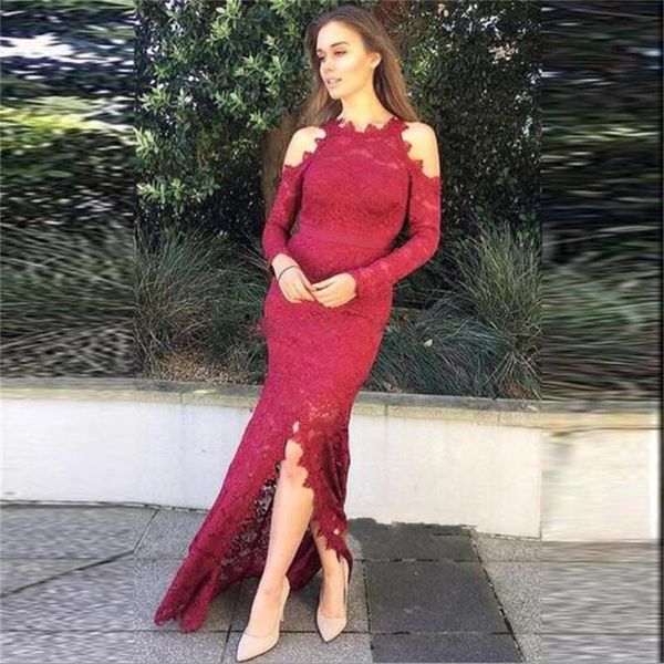 

темно-красный сексуальная русалка пром платья передняя сплит длина пола кружева с длинными рукавами вечернее платье yong девушки формальная, Black