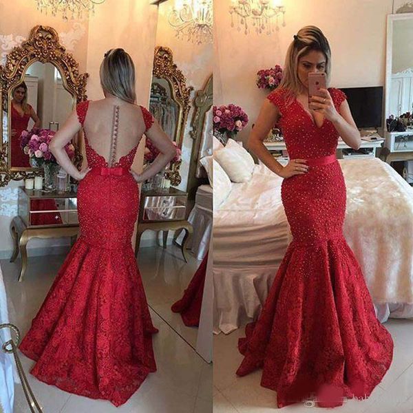 

burgundy see through back lace evening dress vestido vermelho longo v-neck mermaid bow ribbon arabic prom dresses with pearls, Black;red