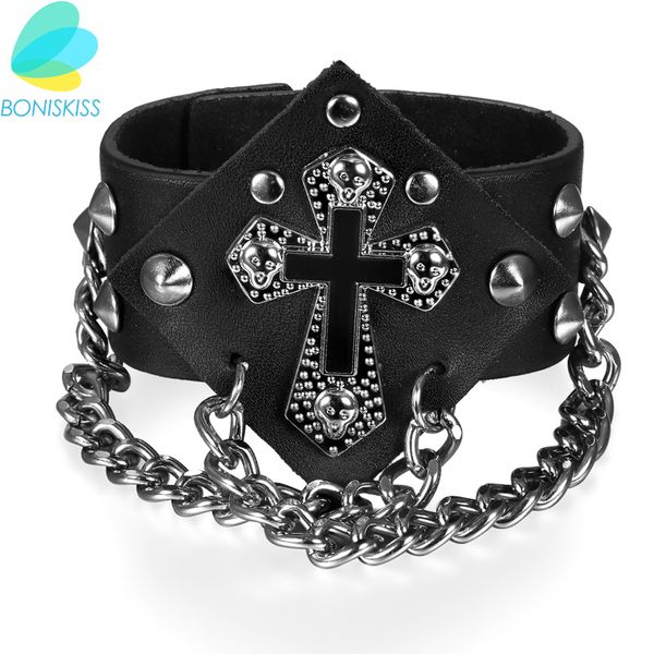 Boniskiss Punk Black Rivet Bracelet Men & Women Bangle Spikes Gothic Rock Cross Leather Bracelet For Hip-hop Jewelry Wholesale
