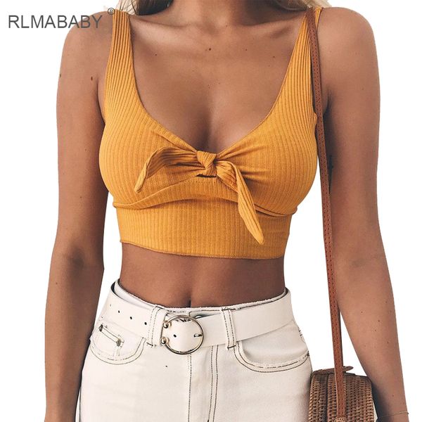 

rlmababy 2018 summer bandage bow yellow women crop deep v neck sleeveless lace up red tank beach party pink, White