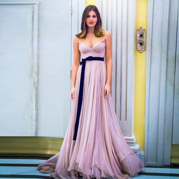 

pink v-neck tiered skirt prom dress spaghetti straps pleats sash sleeveless long chiffon prom evening dresses vestidos de fiesta, Black