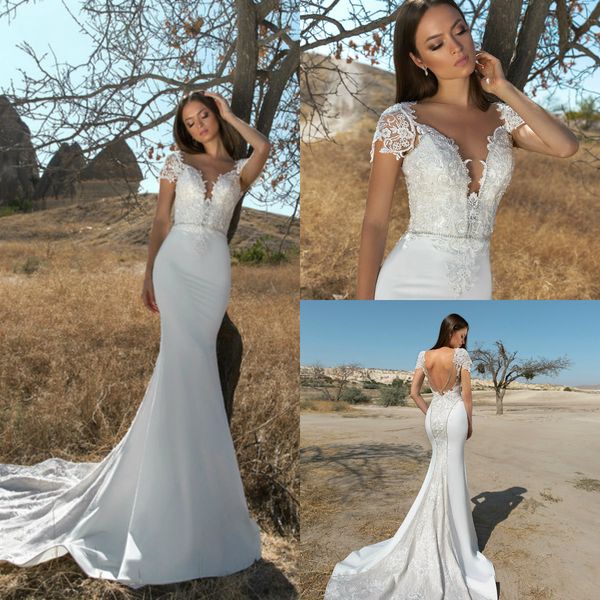 

eva lendel mermaid wedding dresses sheer jewel neck lace appliques cap sleeve backless bridal gowns custom made bohemian robe de mariÃ©e, White