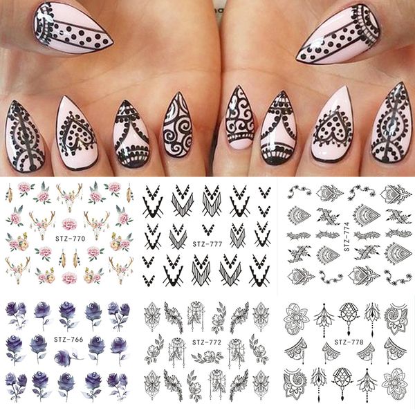

18pcs water decals black white geometry floral jewelry slider water transfer nail art sticker manicure decoration 761-778-1