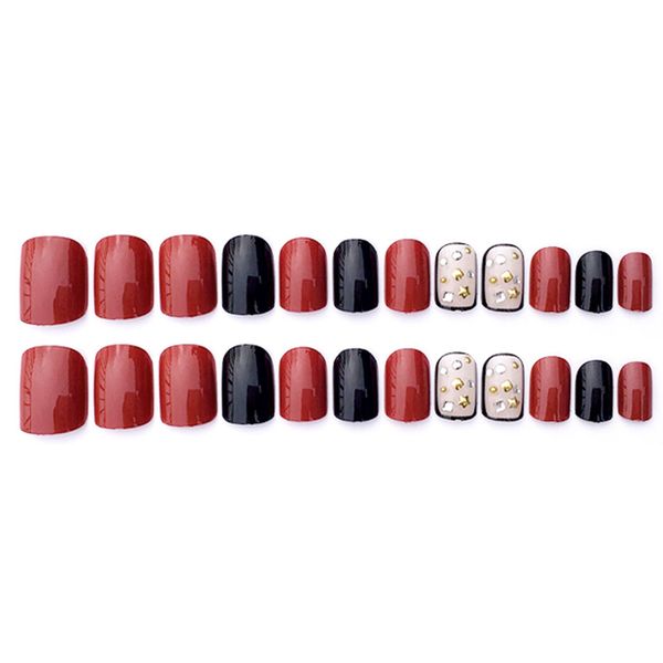 

black + red acrylic nail tips short false nails art fingernails 24pcs/set, Red;gold