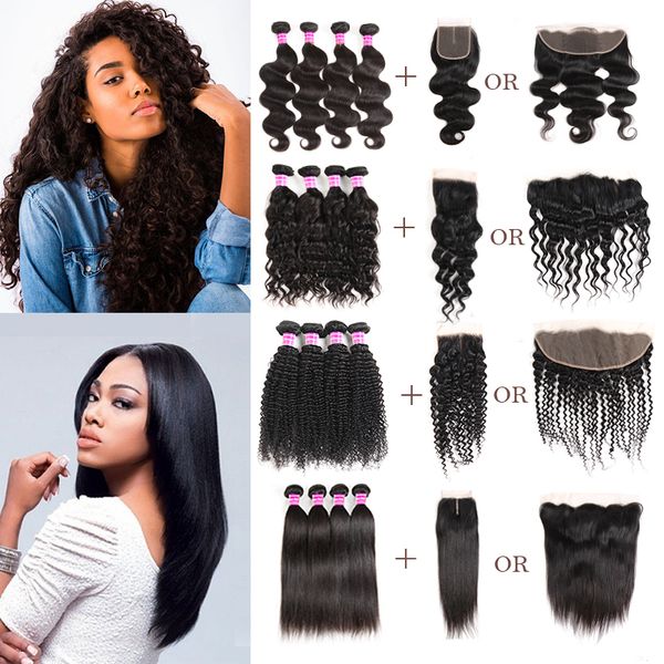 

brazilian virgin hair vendors straight body deep water wave kinky curly remy human hair weave bundles with closure frontal extensions wefts, Black