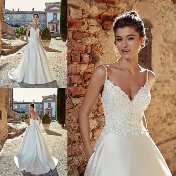

eddy k spaghetti straps v neck wedding dress lace appliques backless satin wedding dresses bridal gowns custom made, White