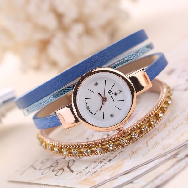 

crystal gold chain bracelet watches women casual dress luxury watches ladies vintage leather wrap quartz wristwatches, Slivery;brown