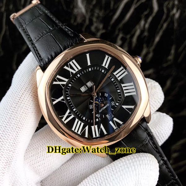 

новый высокое качество 42 мм драйвер de вечный календарь moon phase автоматический черный циферблат розовое золото мужские часы кожаный реме, Slivery;brown