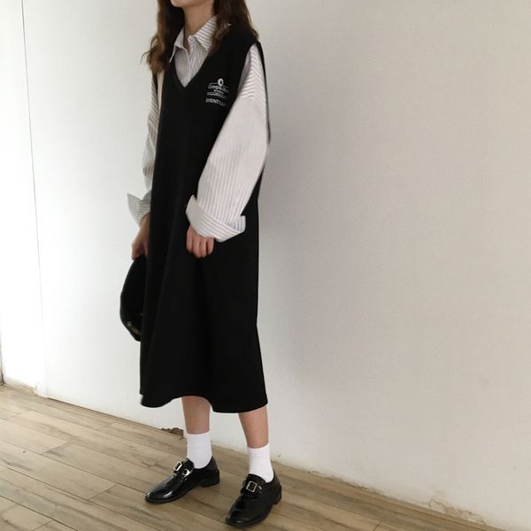 

2 color women preppy style sweatshirts dress 2018 ladies letter print sleeveless long autumn winter tank dress women (c6259, White;black