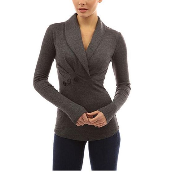 

2018 spring and autumn new long-sleeve t-shirt female fashion lapel button decoration shirt long casual female tee, White