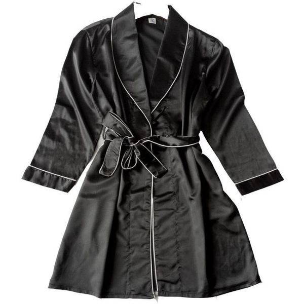 

black robe kimono bathrobe summer ladies nightgown faux silk sleepwear nightdress long sleeve home dressing gown -xxl, Black;red