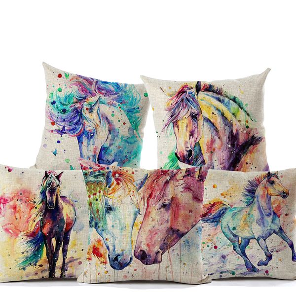 Watercolor Painting Horse Cushion Cover Beige Linen Colorful