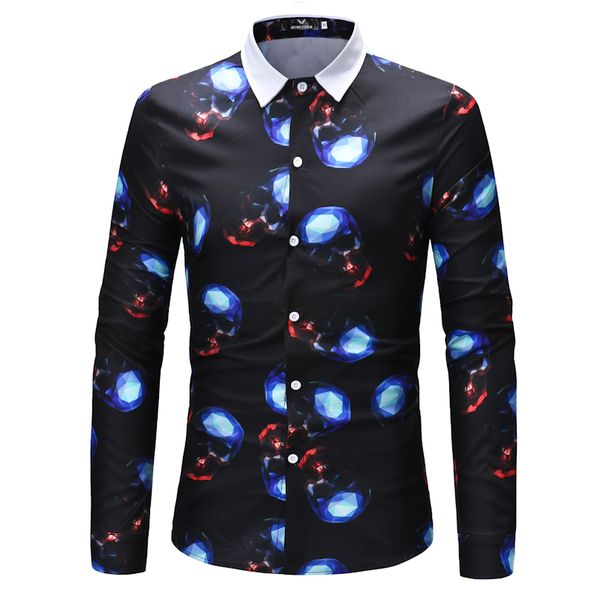 

2018 shirt men spring new skull floral print slim fit shirt cotton blend turn-down collar single breasted design z30, White;black