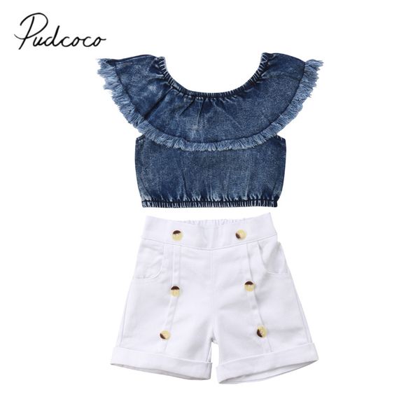 

2018 brand new toddler baby girl clothes sets 2pcs short petal sleeve denim color t-shirt +white shorts fastener outfit 1-6y