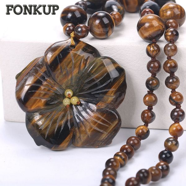 

fonkup statement pendant necklace tiger eye stone bead chain ethnic women jewellery engagement bijoux flower colgante plant gift, Silver