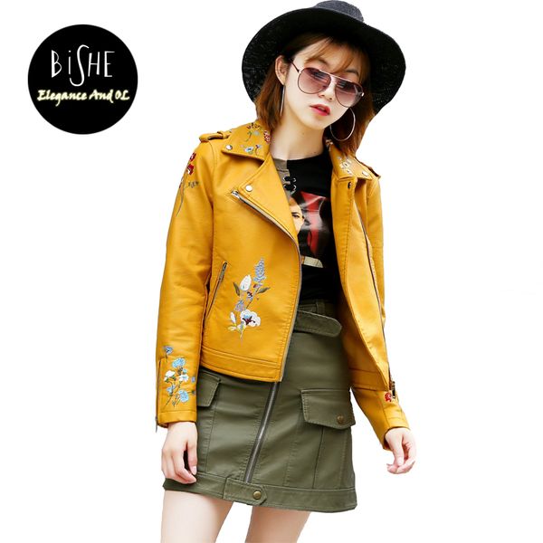 

wholesale-bishe 2017 new autumn fashion street women's short washed pu embroidery leather jacket zipper ladies basic jackets good quali, Black;brown