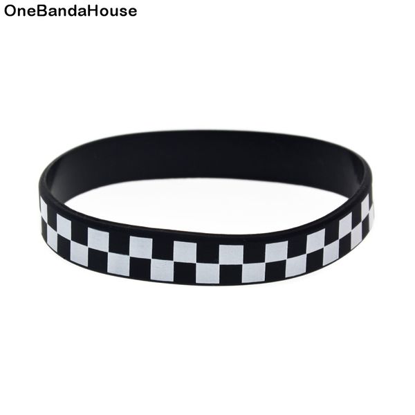 

1pc checkered silicone rubber wristband racing flag decoration logo punk style hip hop band printed, Black