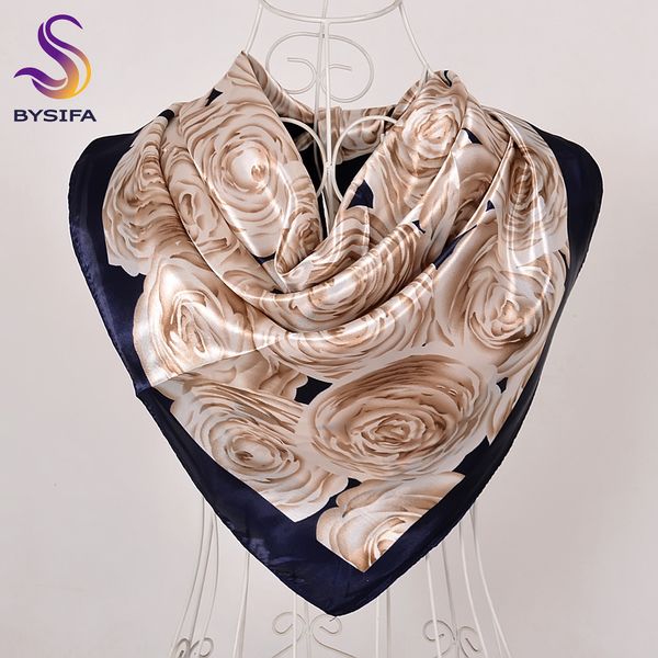 

bysifa] beige khaki silk scarf shawl women fashion chinese roses design winter large square satin scarves spring autumn scarf, Blue;gray