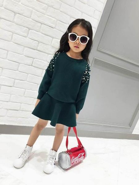 

beading knitted girl clothing sets solid color long sleeve sweater+skirt 2pcs outfits baby clothes 2-6y b64, White