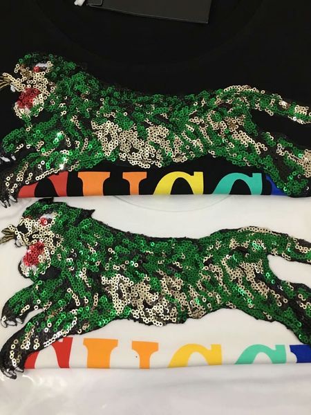 

2018 лето роскошь итальянский новая мода блесток леопард с короткими рукавами хлопок черный и белый двухцветный женская футболка топы, White