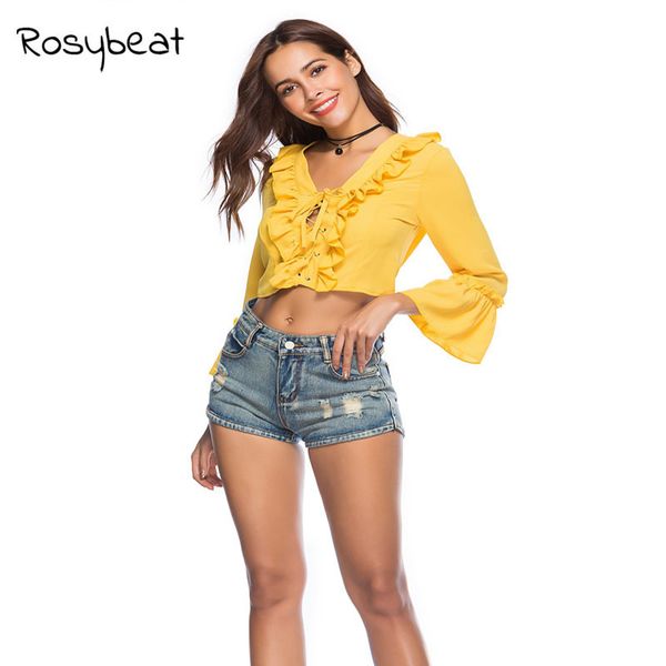 

summer big size women shirts tops xl retro v-neck chiffon shirt female trumpet sleeves fashion sexy short small shirt vintage, White