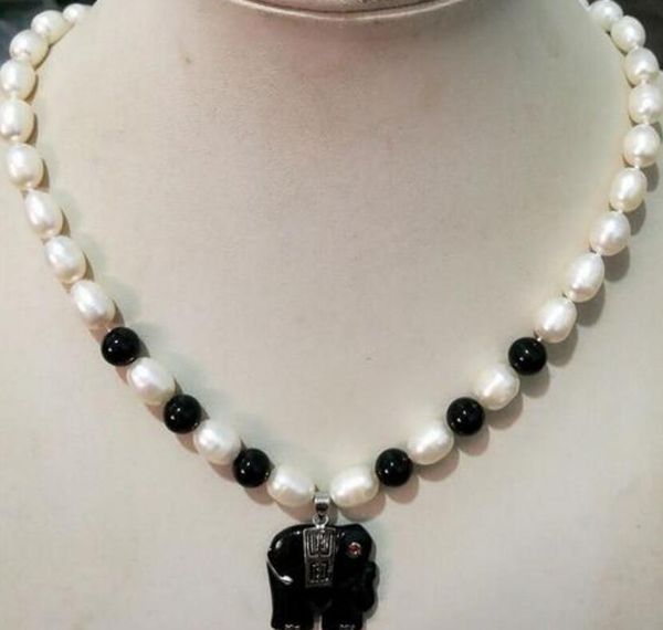 

natural 7-8mm white akoya pearl & black elephant pendant necklace, Silver
