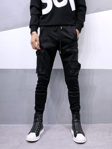 

s-xxxl new 2018 men's fashion trend slim pants big pocket stretch feet harem pants hair stylist casual plus size, Black