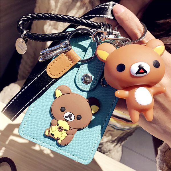 Moda nova caixa de cartão chave anéis encantos alça de mão bonito rilakkuma dos desenhos animados pu titular banco de cartão de id de couro 8 modelos 3 titulares